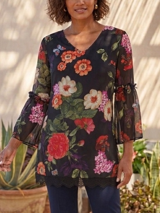 Tops - Floral V-Neck Black Floral Tunic Top